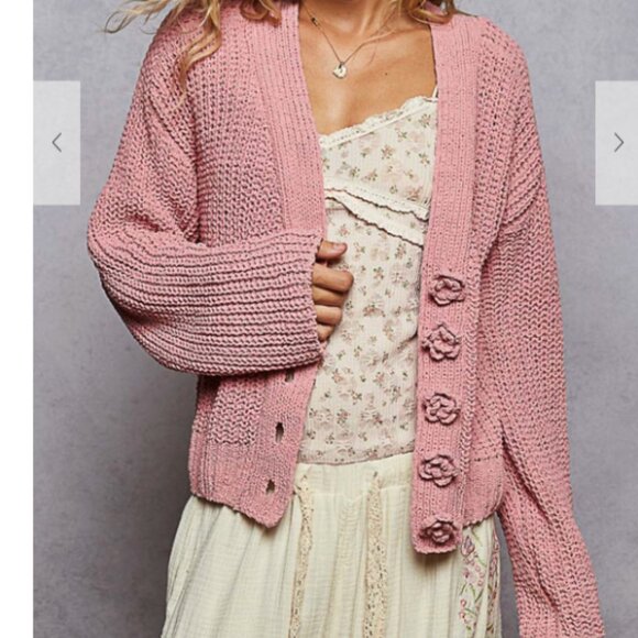 223.V-neck long sleeve regular fit cardigan in chenille with exaggerated buttons - Picture 3 of 5